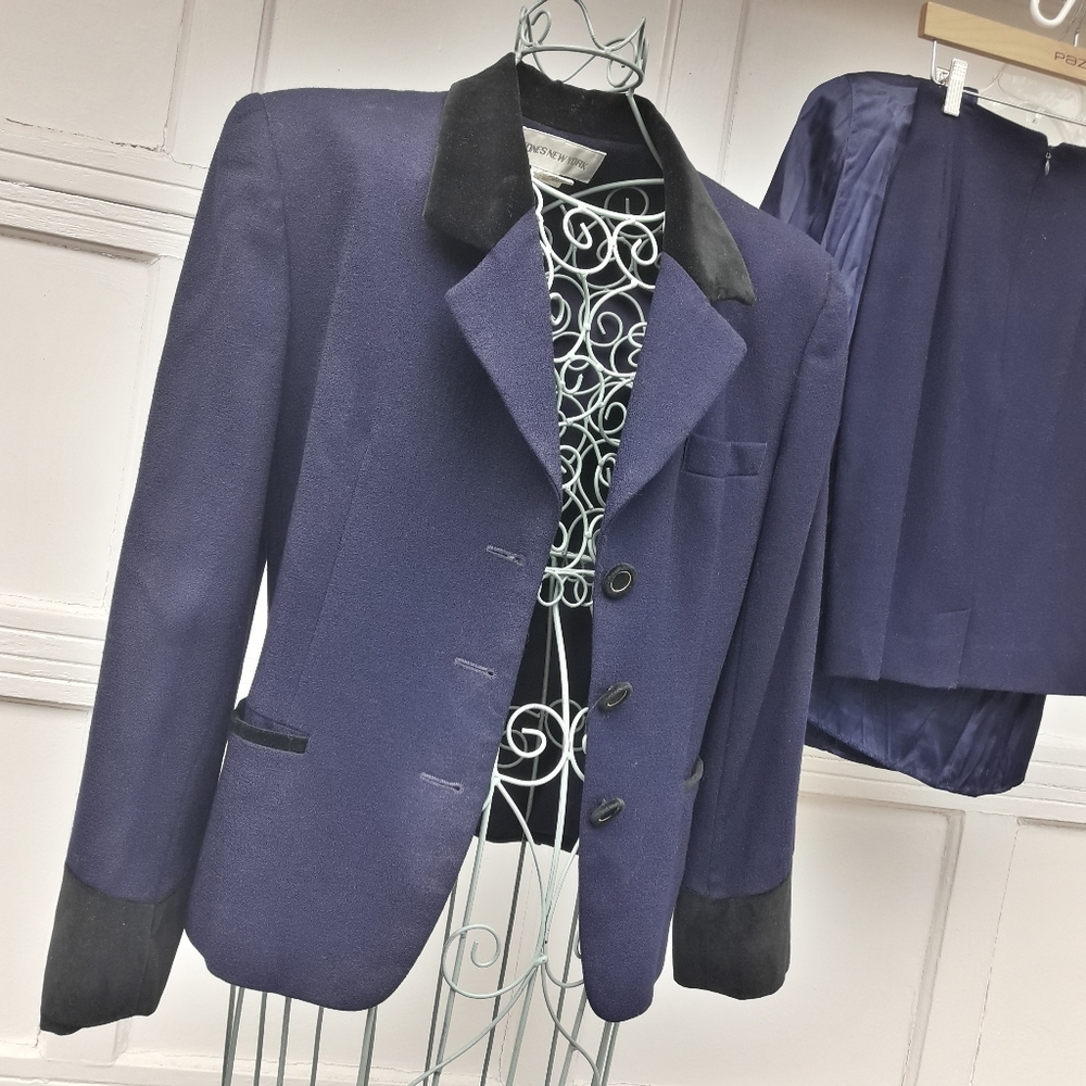 Wool Blazer Jacket Skirt 3 Piece Suit Black Velvet Suit